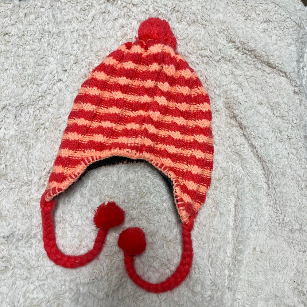 The North Face Peruvian Earflap Beanie Pom Hat Fleece Lined Red Orange Winter - Picture 5 of 6